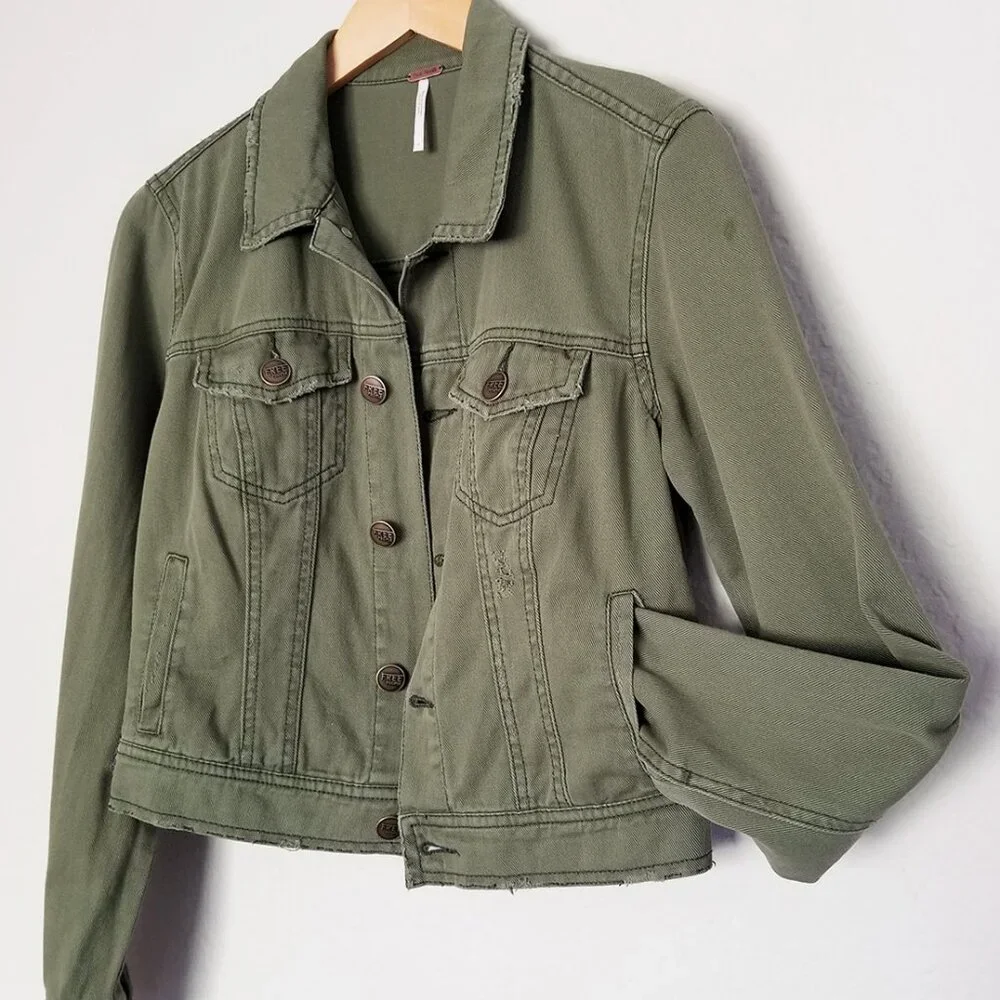 Free People Olive Army Green Distressed Crop Denim Jacket Size 4 100% Cotton - Picture 8 of 15